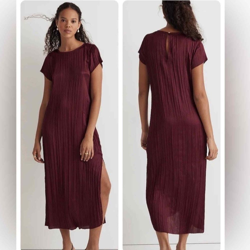 Madewell Satin Slip Midi Dress Sz Large Plisse Maroon Mulberry Sold Out Style